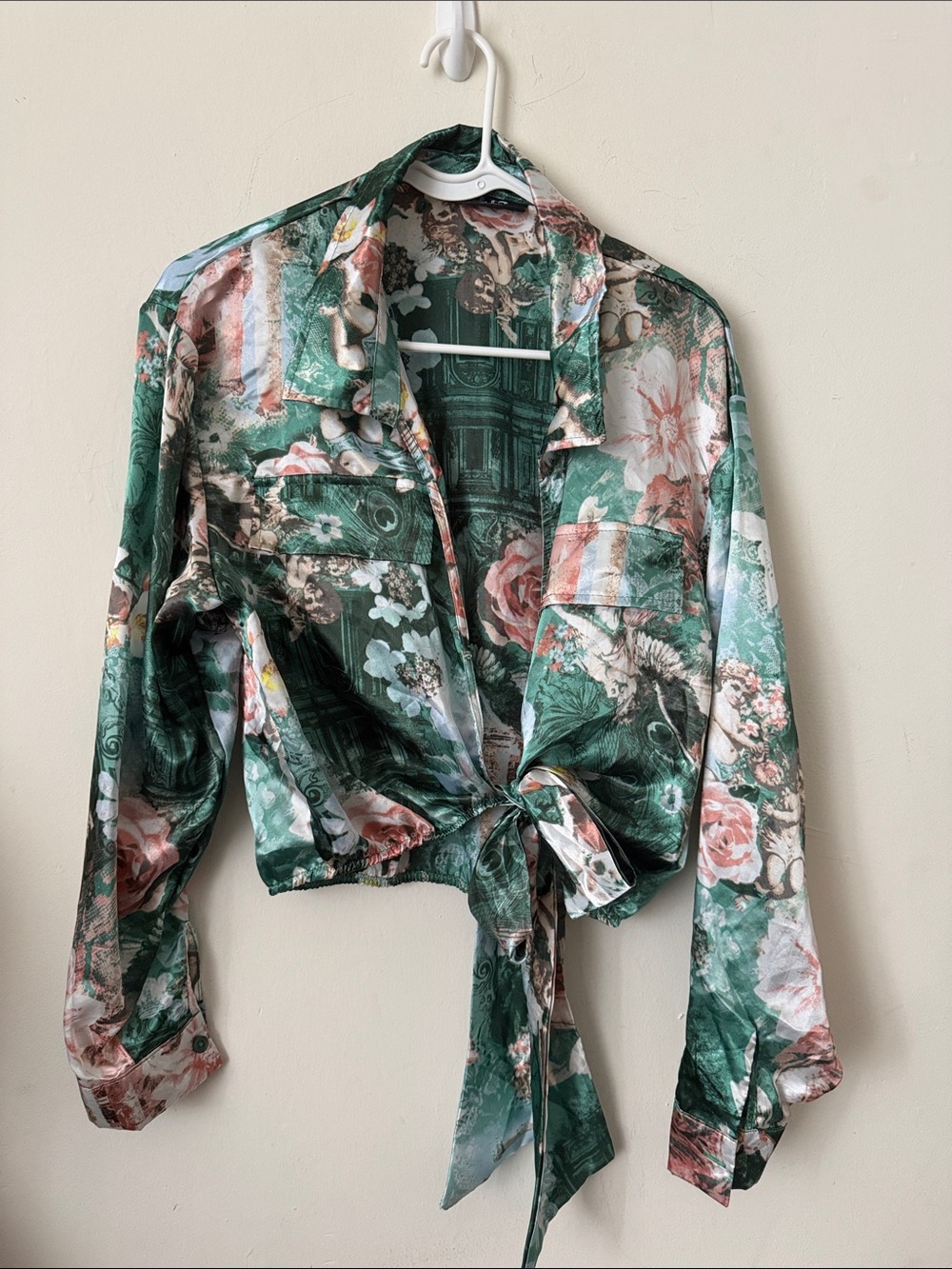 Floral Tie-Front Satin Blouse - Green and Pink